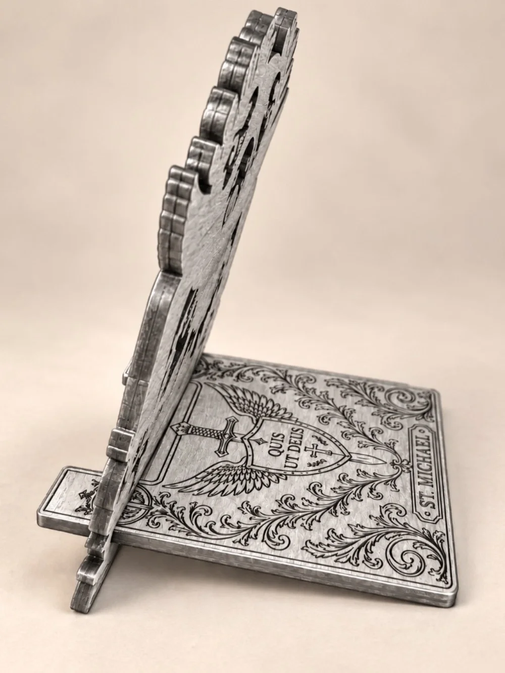 St. Michael Wooden Phone Stand, Archangel Catholic Desk and Prayer Room Decor
